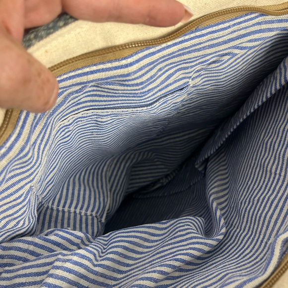 Striped Woven Tote in Cream and Black with Brown Leather Straps - Picture 3 of 6